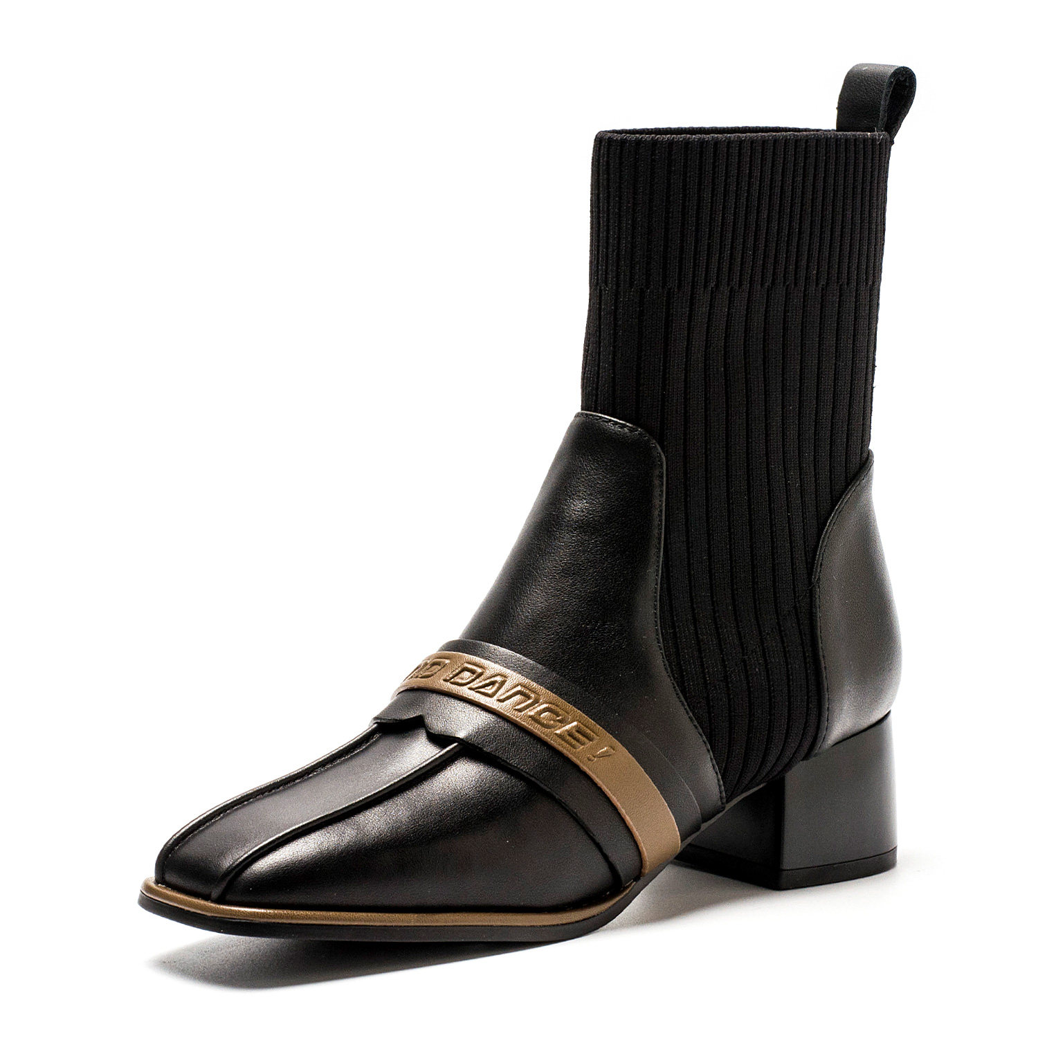 真皮短靴子女冬黑色牛皮方头拼接针织袜靴粗跟套脚中跟SS24116399