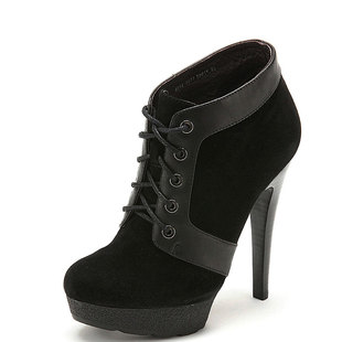 大码真皮短靴子女冬超高跟水台黑色牛皮圆头绑带欧美风230083099