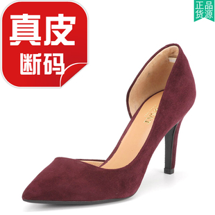 羊猄真皮单鞋女尖头高跟侧空酒红色羊皮鞋子性感百搭春SS61117760