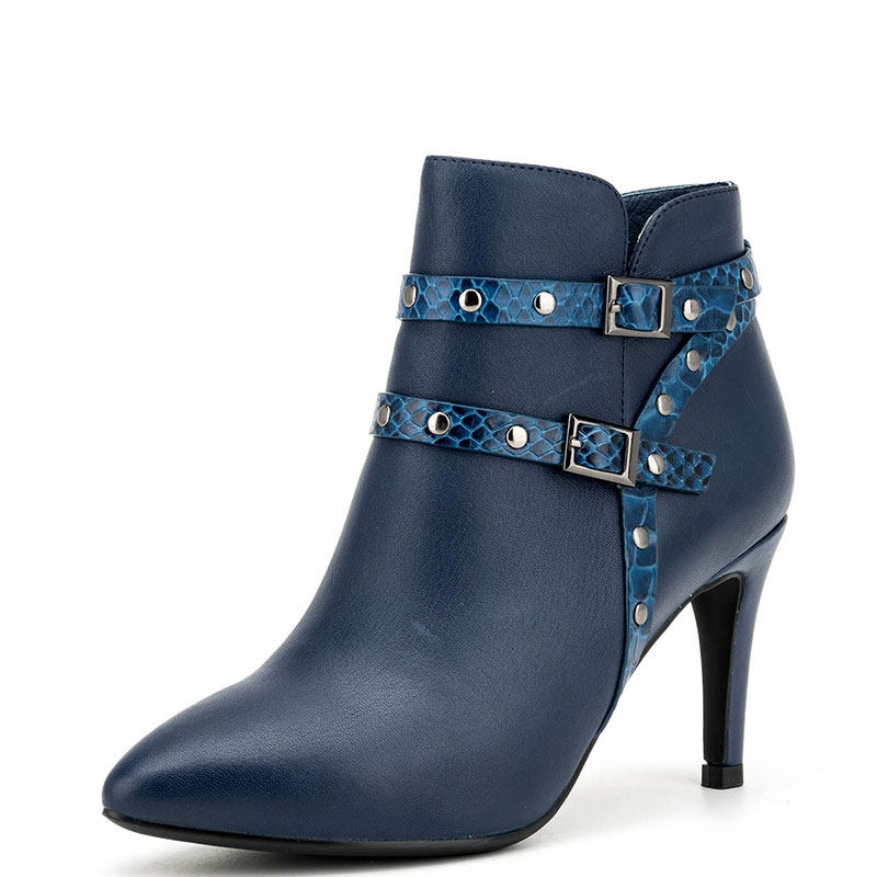 真皮短靴子女冬蓝色牛皮尖头高跟