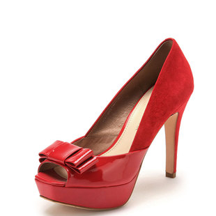 真皮女鞋子鱼嘴春结婚新娘大红色羊皮超高跟水台蝴蝶结310074741