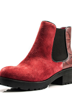 小码加绒棉靴真皮短靴子女冬红色磨砂牛皮切尔西靴粗跟SF5411X126
