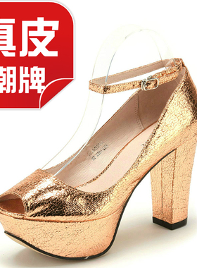 潮牌真皮单鞋鱼嘴女鞋子一字带爆裂纹金属高粗跟水台春KL31S33903