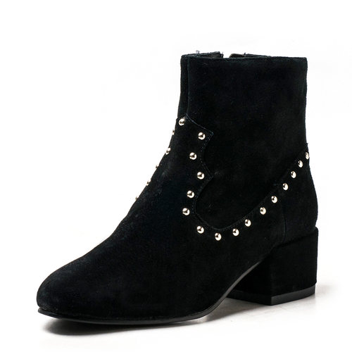 小码真皮短靴子女冬黑色磨砂牛皮圆头粗跟金属铆钉拉链DF54115069