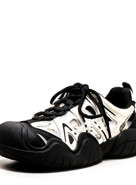 厚底时尚休闲鞋子女春夏镂空深口绑带运动户外黑白拼色MD42114D02