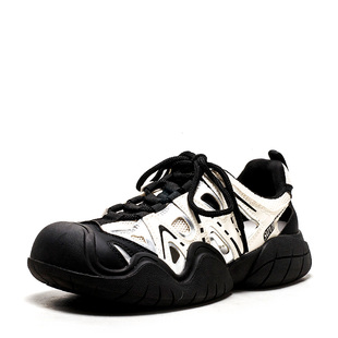 厚底时尚休闲鞋子女春夏镂空深口绑带运动户外黑白拼色MD42114D02