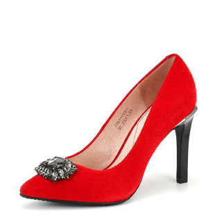 羊猄鞋子真皮单鞋新娘女结婚大红色尖头高跟水钻金属扣FB61111261