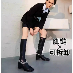 撤柜弹力皮革长靴子女冬黑色方头粗跟拉链百搭素版中跟SF14117009