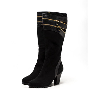 羊猄全真皮长靴子女冬黑色蛇纹牛皮拼接金属拉链高粗跟MFAWSD1303