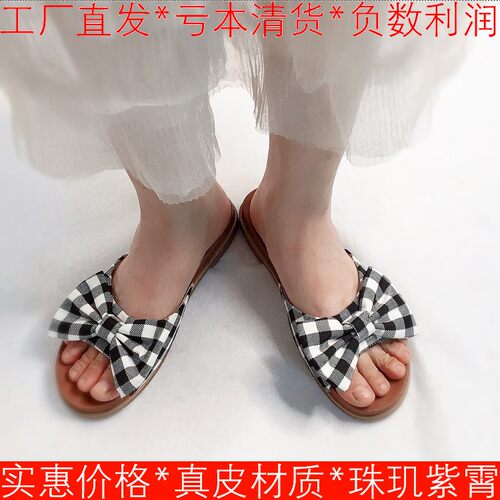 瑕疵真皮内里凉拖鞋子女夏外穿织物布蝴蝶结露趾平底跟SF92110053
