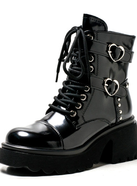 真皮短靴子女冬黑色牛皮马丁靴圆头厚底水台高粗跟拉链MD34116D27