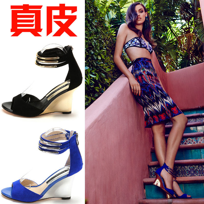 羊猄蓝色真皮凉鞋子女夏露趾