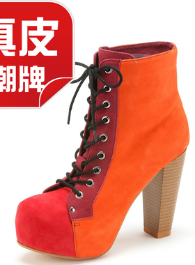 意国潮牌真皮短靴子女超高粗跟水台拼接色羊猄马丁靴冬KL24S71402