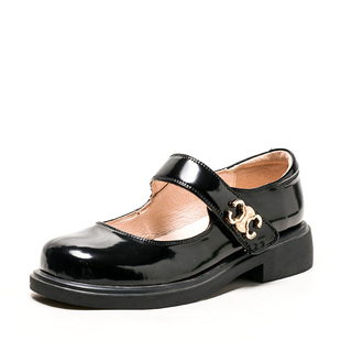 真皮玛丽珍鞋子黑色漆牛皮单鞋女圆头粗跟一字带魔术贴SF21111092