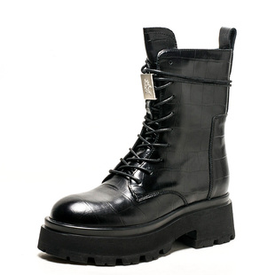 厚底真皮马丁靴黑色牛皮短靴子女冬水台中粗跟拉链圆头SS14116035