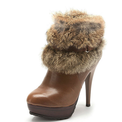 大码真皮短靴子女冬驼色牛皮圆头超高跟水台兔毛毛拉链240024366