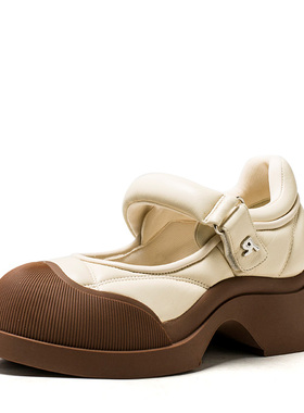 真皮玛丽珍鞋子厚底水台中跟米白色羊皮单鞋女圆头坡跟SSC1111100