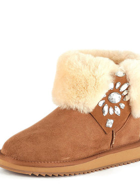 小码羊毛加厚雪地棉靴真皮短靴子女冬平底跟水钻镶宝石SF5411T105