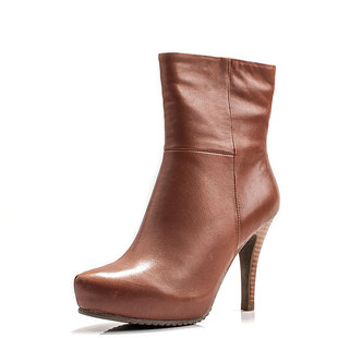 大码真皮短靴子女冬棕色头层牛皮尖头超高跟水台侧拉链FB24S7D5A1