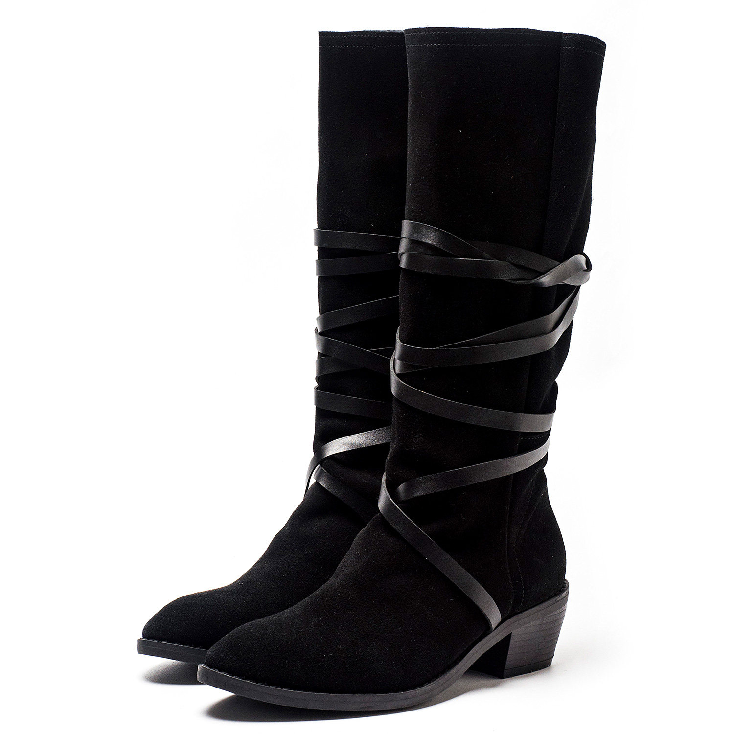 大码真皮长靴子女冬黑色磨砂牛皮搭扣中粗跟套筒骑马靴SF24117146