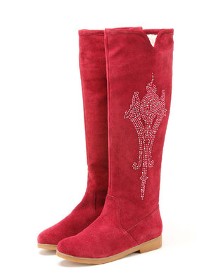 加绒棉靴真皮长靴子女冬红色磨砂牛皮镶钻圆头平跟套筒SFA4SF3636