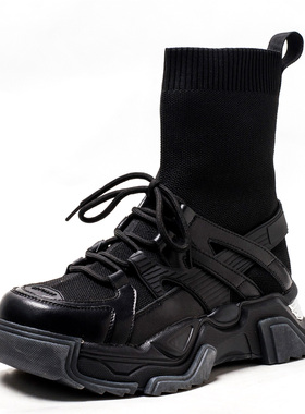 厚底真皮老爹鞋子针织袜短靴子女秋冬黑色水台中跟松糕MD23116054