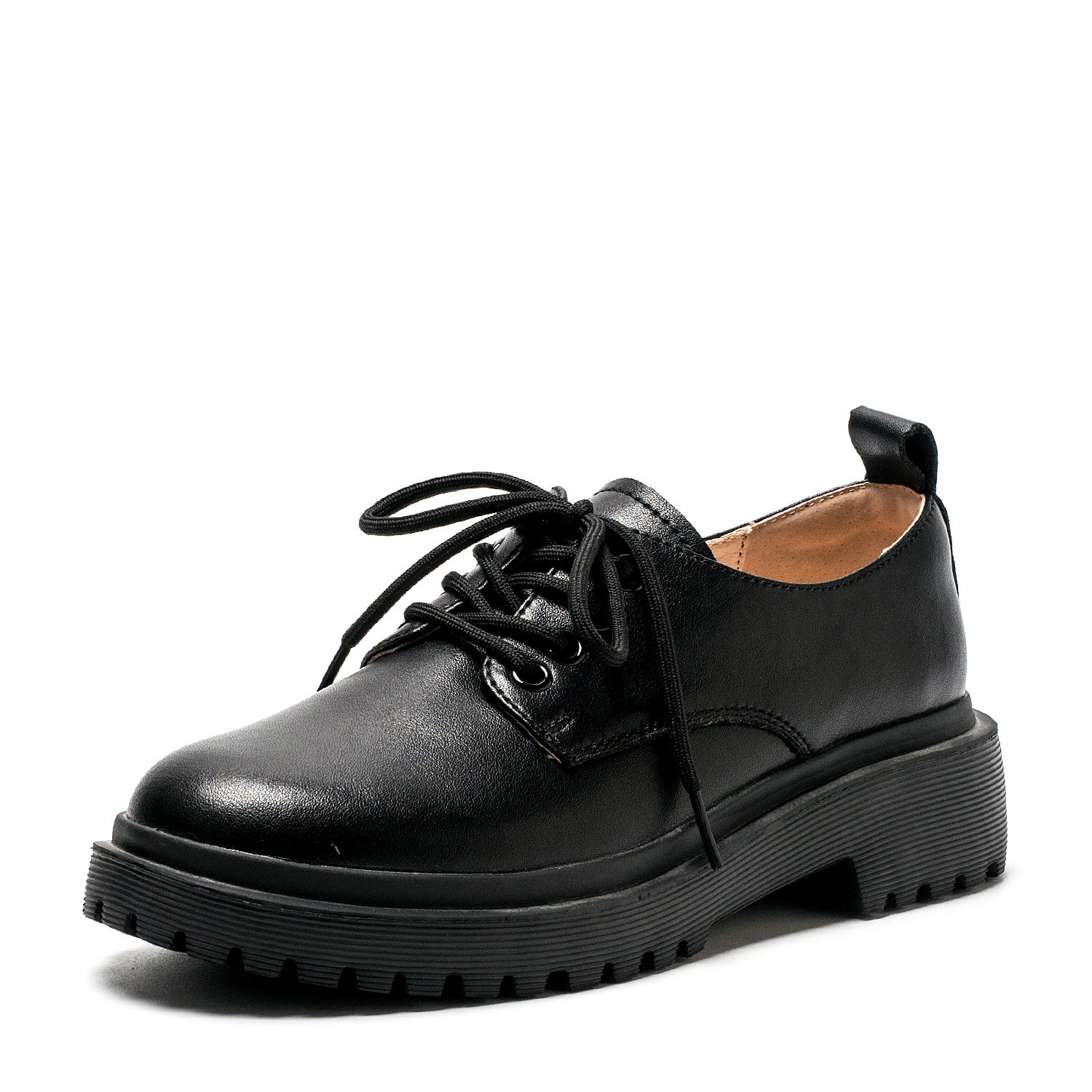 真皮深口单鞋子女秋黑色牛皮圆头绑带粗跟水台厚底中跟SF21112080