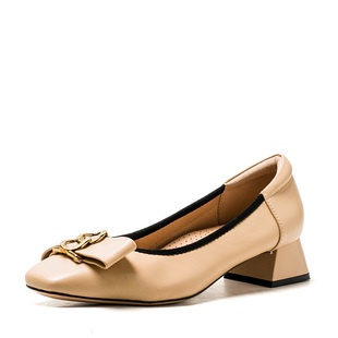 女春秋杏色羊皮蝴蝶结方头粗跟舒适中跟SS31111293 小香风真皮单鞋