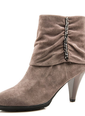 小码羊猄真皮短靴子女冬灰色羊皮褶皱高跟拉链法式复古SS24S79301