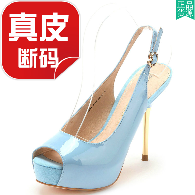 欧美真皮凉鞋女鱼嘴超高细跟水台性感漆面牛皮鞋子夜店410057064
