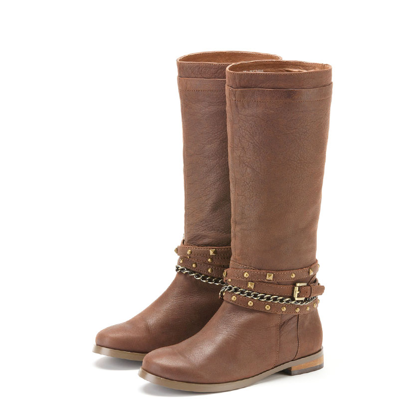 大码全真皮长靴子女冬咖啡色牛皮圆头平跟套筒铆钉链条SFA4SC3596
