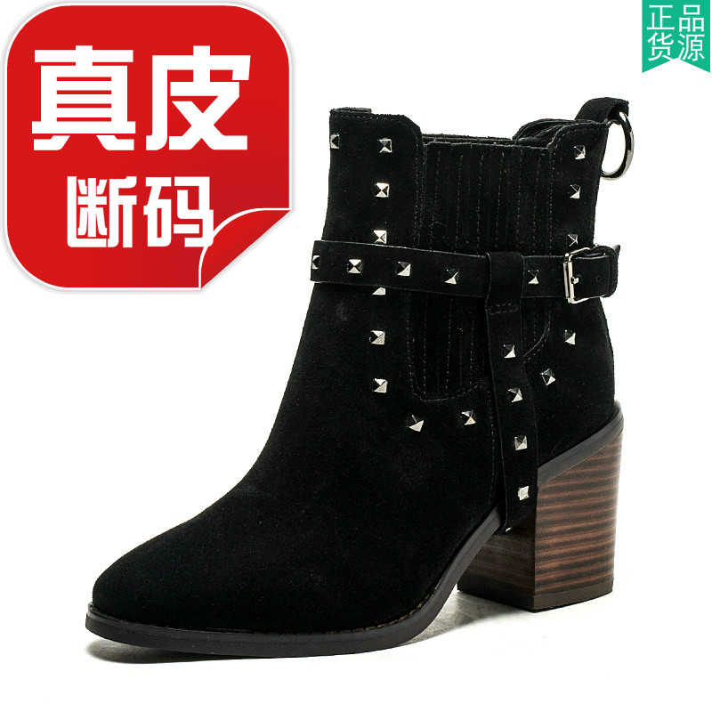 真皮切尔西短靴子女冬黑色磨砂