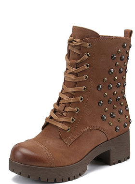 真皮短靴子女冬棕色牛皮马丁靴圆头厚底中粗跟铆钉拉链SS34S72337