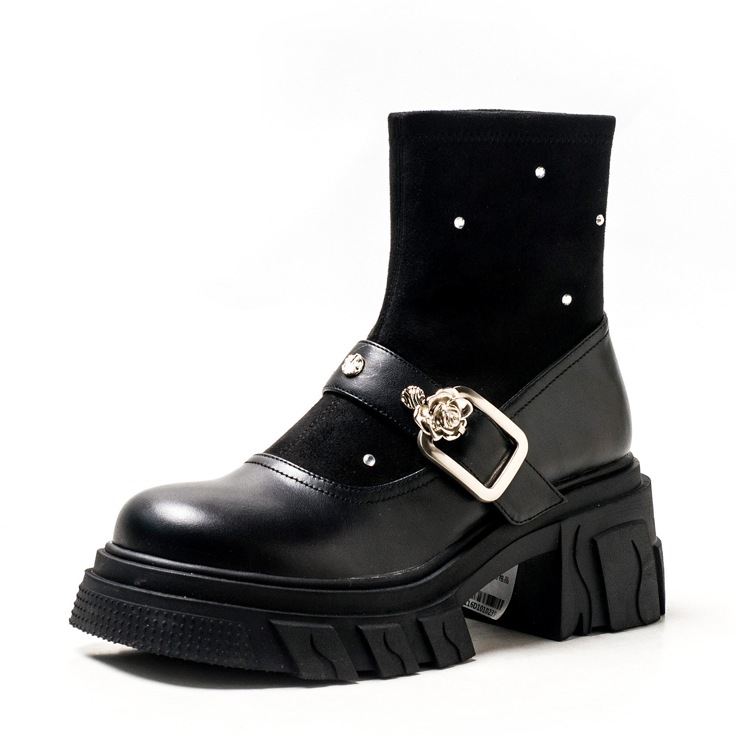 真皮短靴子女黑色袜靴圆头牛皮厚底水台高粗跟金属搭扣MD43116D10