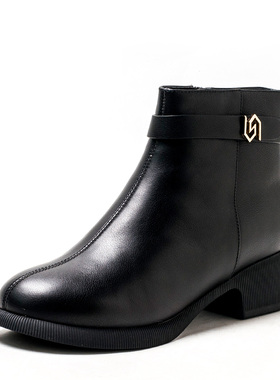 加毛加厚雪地棉靴真皮短靴子女冬暖脚黑色牛皮粗跟拉链SS2411A508