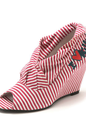 潮牌女鞋子深口及踝鱼嘴凉靴高坡跟红白色条纹布欧美风KL11SF1401