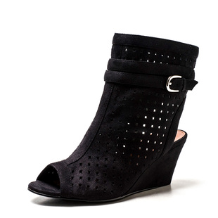 欧美风时尚性感凉靴鞋子女春夏秋黑色镂空罗马鞋高帮坡跟后空1365