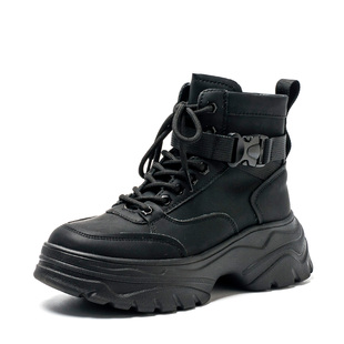 加绒棉靴厚底水台真皮短靴子女冬黑色牛皮绑带拉链中跟SS24118693