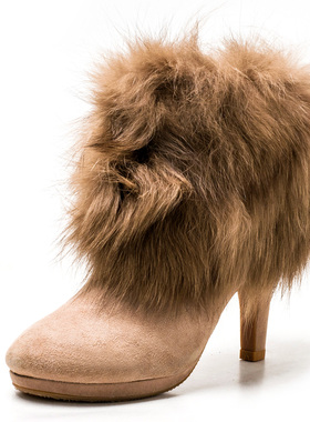 潮牌真皮短靴子女冬动物毛毛皮草高跟圆头拉链绒面羊皮KL13S73402