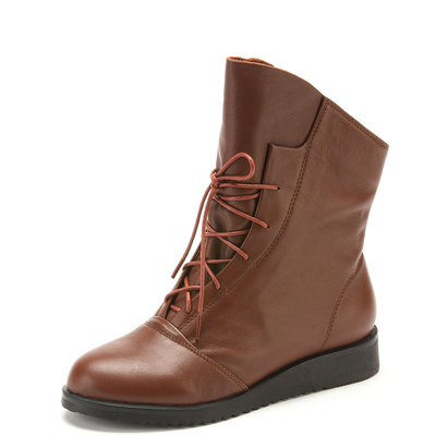 小码真皮短靴子女冬棕色牛皮圆头