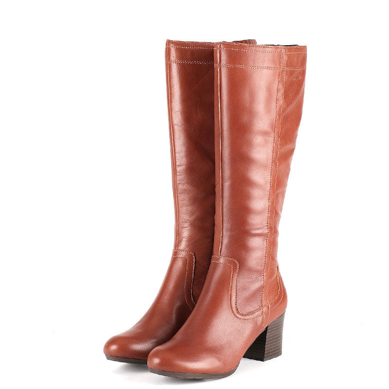 大码真皮长靴子女冬棕色牛皮圆头粗跟拉链高跟舒适百搭SD44111218