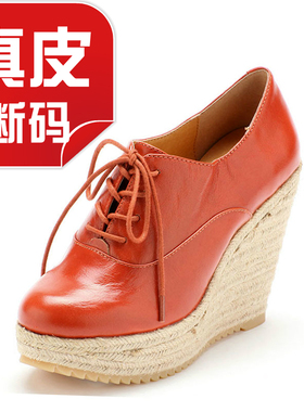 瑕疵真皮女鞋子秋深口及踝绑带编织坡跟水台超高跟圆头SF13S71001