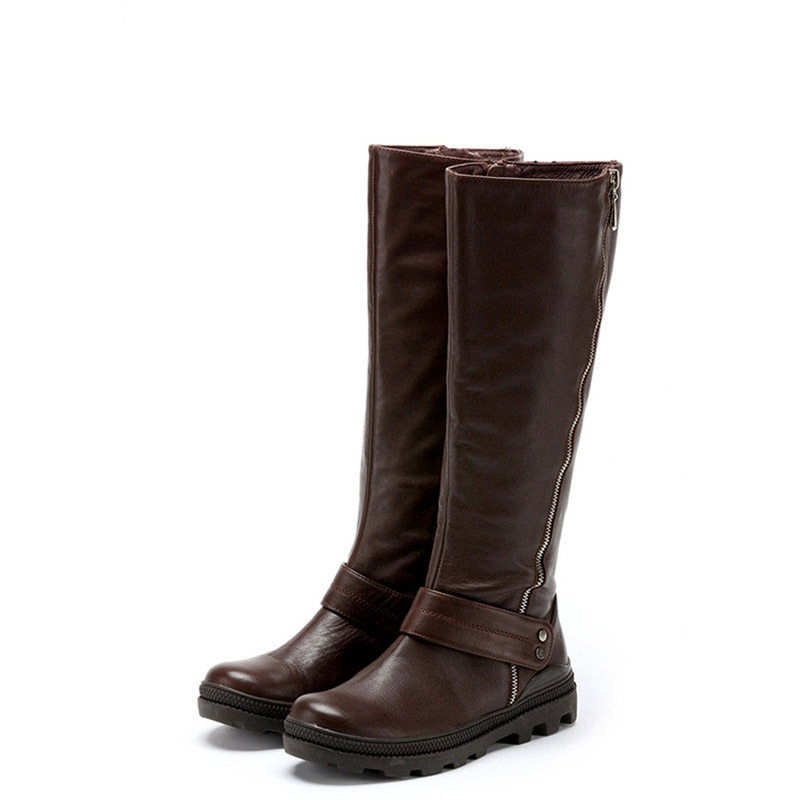 真皮长靴子女冬咖啡棕色牛皮圆头低坡跟厚底水台侧拉链SS14S95449