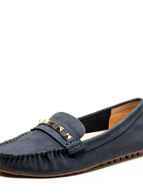 真皮乐福鞋子蓝色牛皮单鞋女圆头平底跟套脚铆钉一脚蹬SF13111089