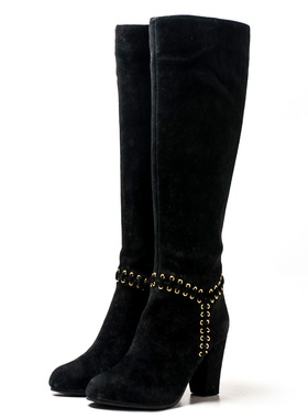 断码真皮长靴子女冬黑色磨砂牛皮高粗跟侧拉链金属装饰DF44116196