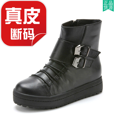 真皮短靴子女冬黑色纯牛皮马丁靴