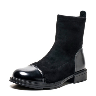 撤柜真皮短靴子女冬黑色弹力布拼接牛皮圆头低跟瘦瘦靴FB14116098