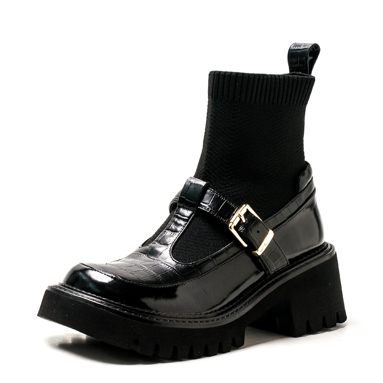 真皮短靴子中跟女冬黑色牛皮拼接针织袜靴厚底水台粗跟MD23116039