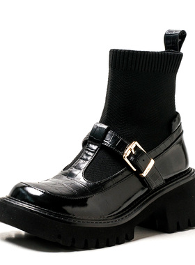 真皮短靴子中跟女冬黑色牛皮拼接针织袜靴厚底水台粗跟MD23116039