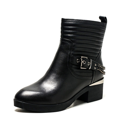 小香风真皮短靴子女冬黑色牛皮